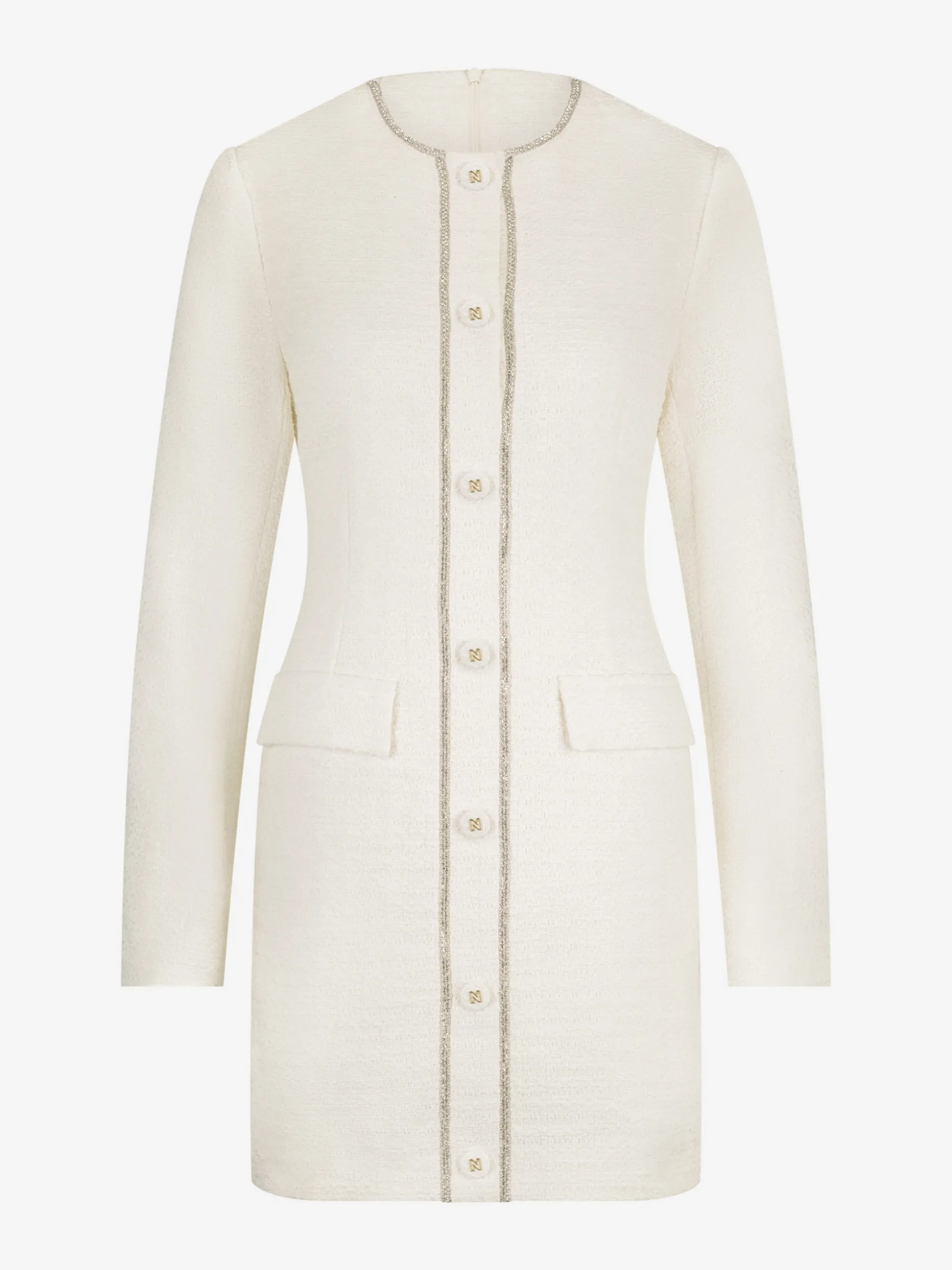 Aansluitende tweed jurk met N-knopen