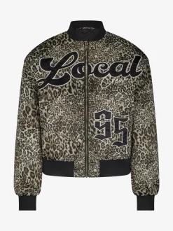 Bomberjack met luipaardprint en grafische letters