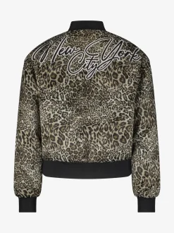 Bomberjack met luipaardprint en grafische letters