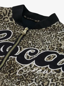 Bomberjack met luipaardprint en grafische letters
