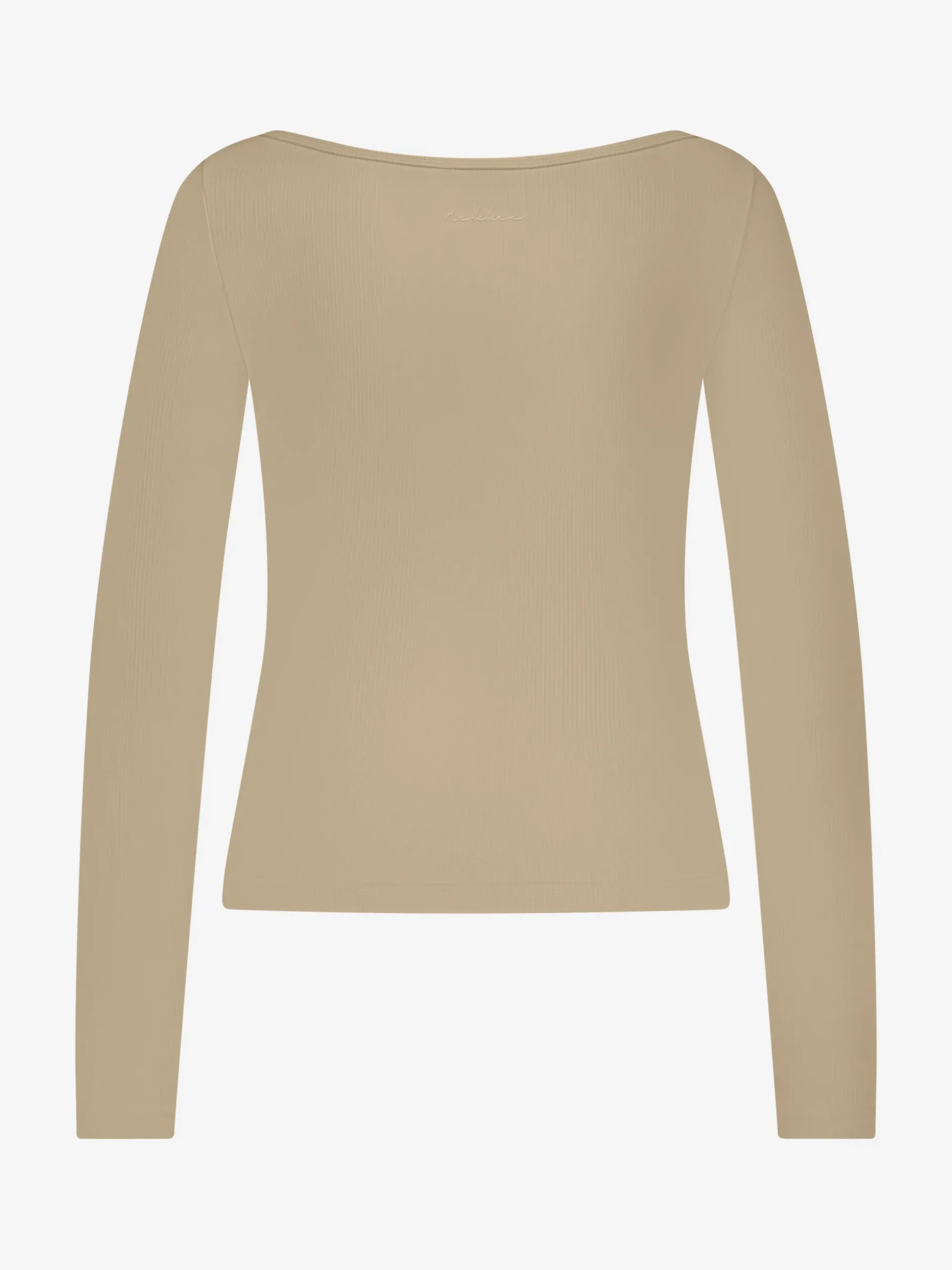 Geribbelde top met boothals en NIKKIE logo aan zijkant