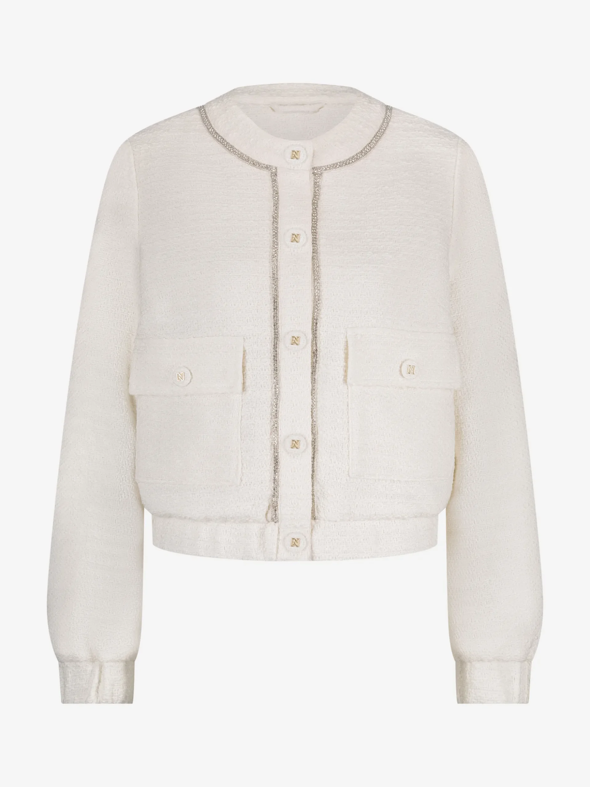 Kort tweed jack met N-knopen en glimmende biezen