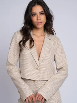 Korte blazer met pied-de-poule patroon en strass steentjes