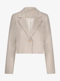 Korte blazer met pied-de-poule patroon en strass steentjes