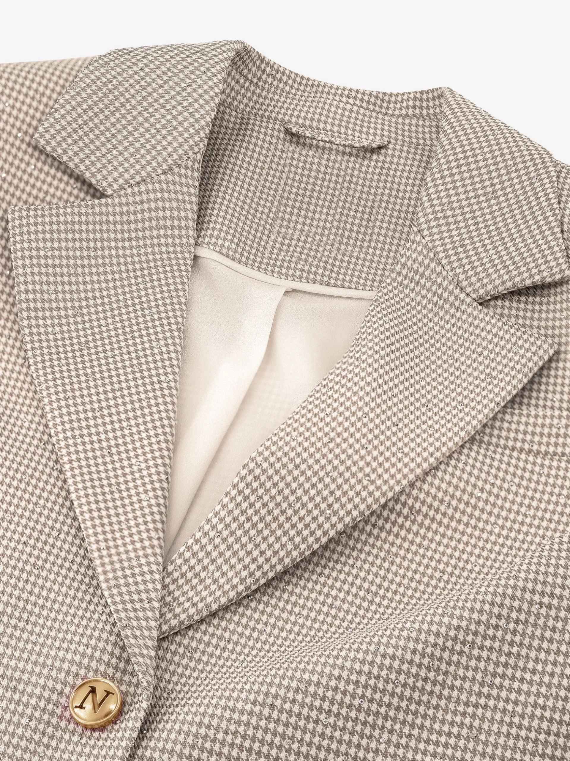 Korte blazer met pied-de-poule patroon en strass steentjes