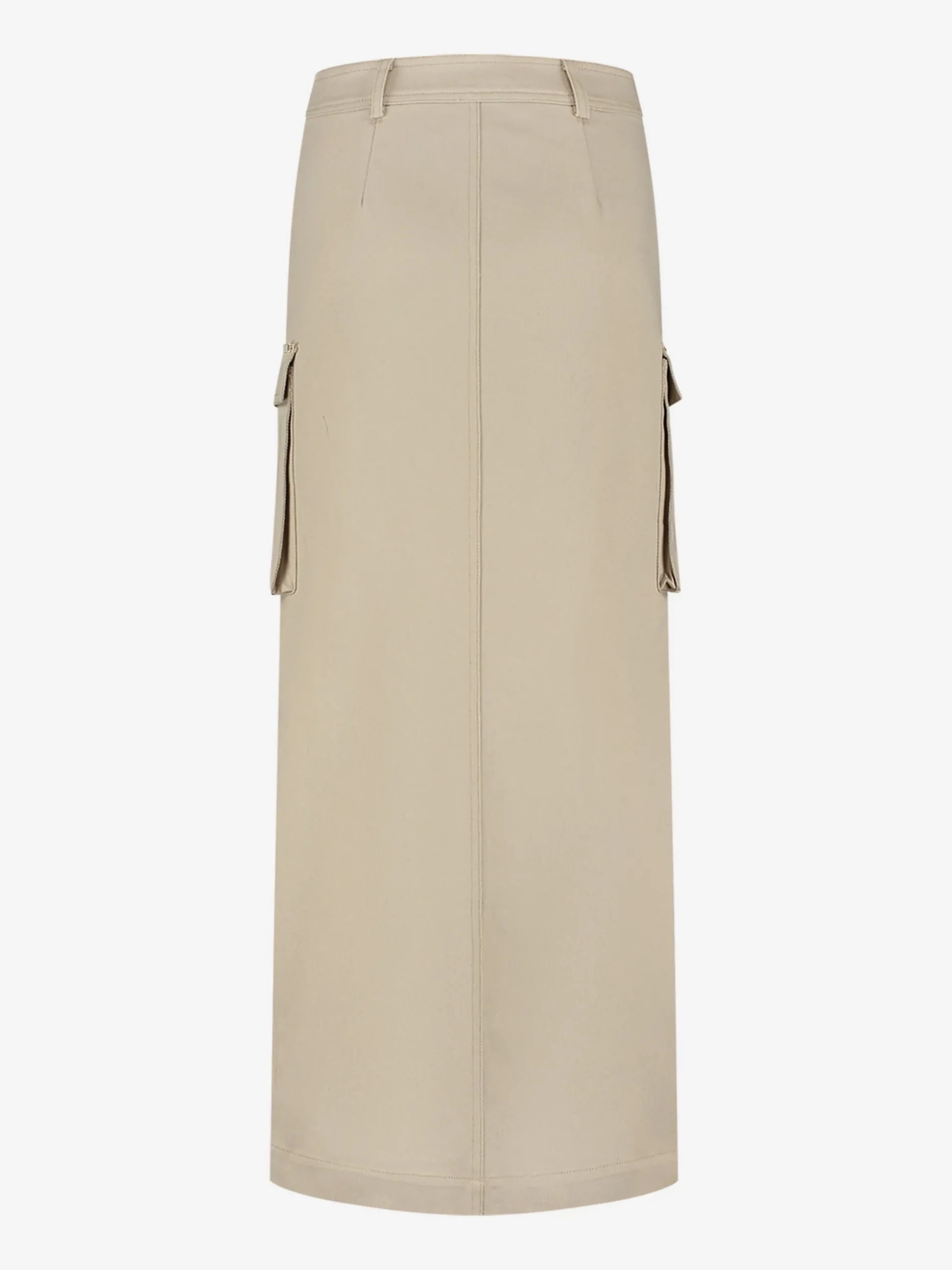 Lange denim rok met split en klepzakken