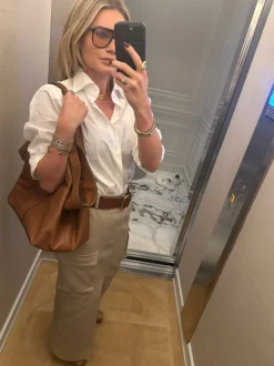 Lange denim rok met split en klepzakken