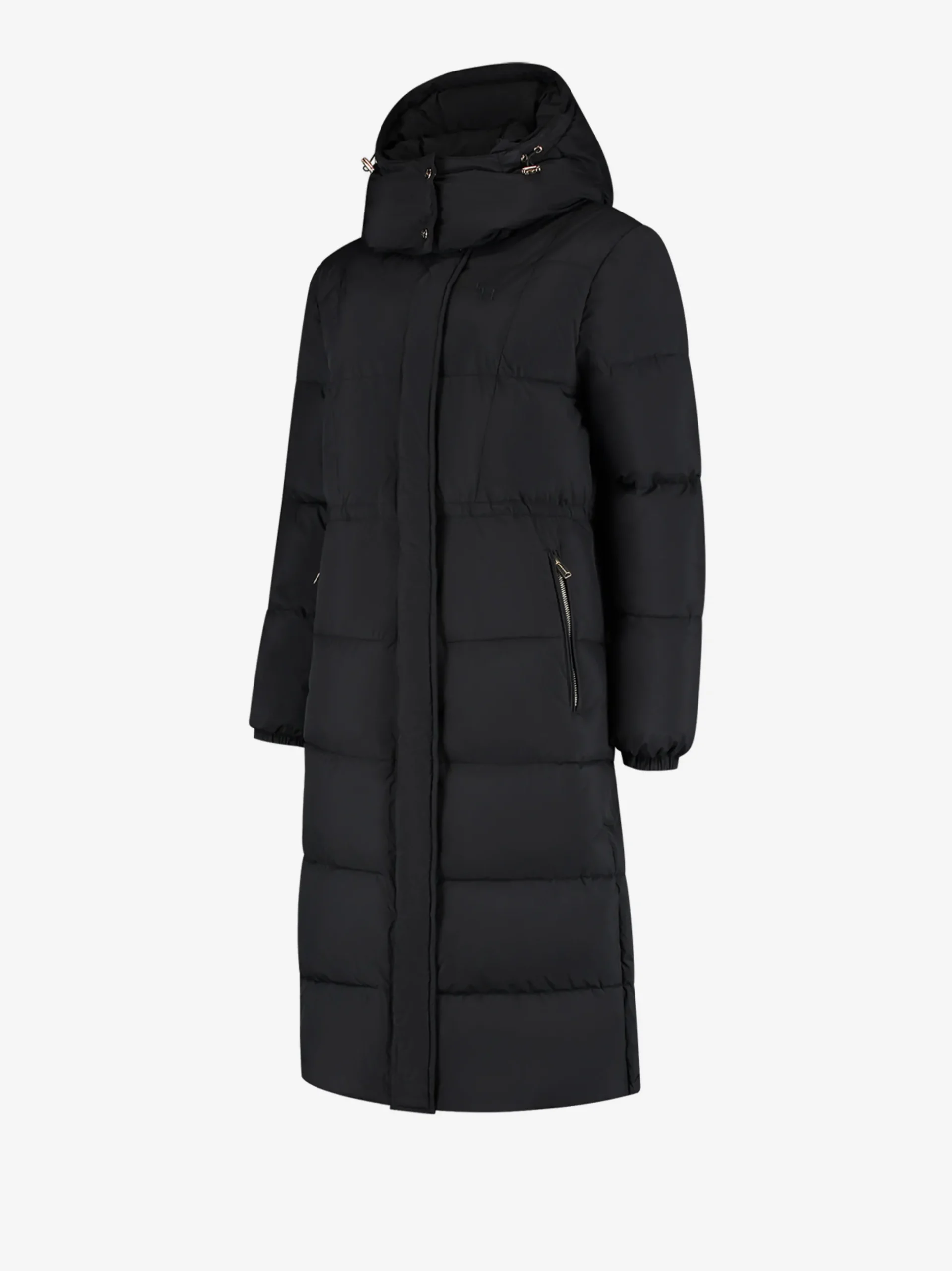 Lange puffer jas met capuchon en getailleerde taille