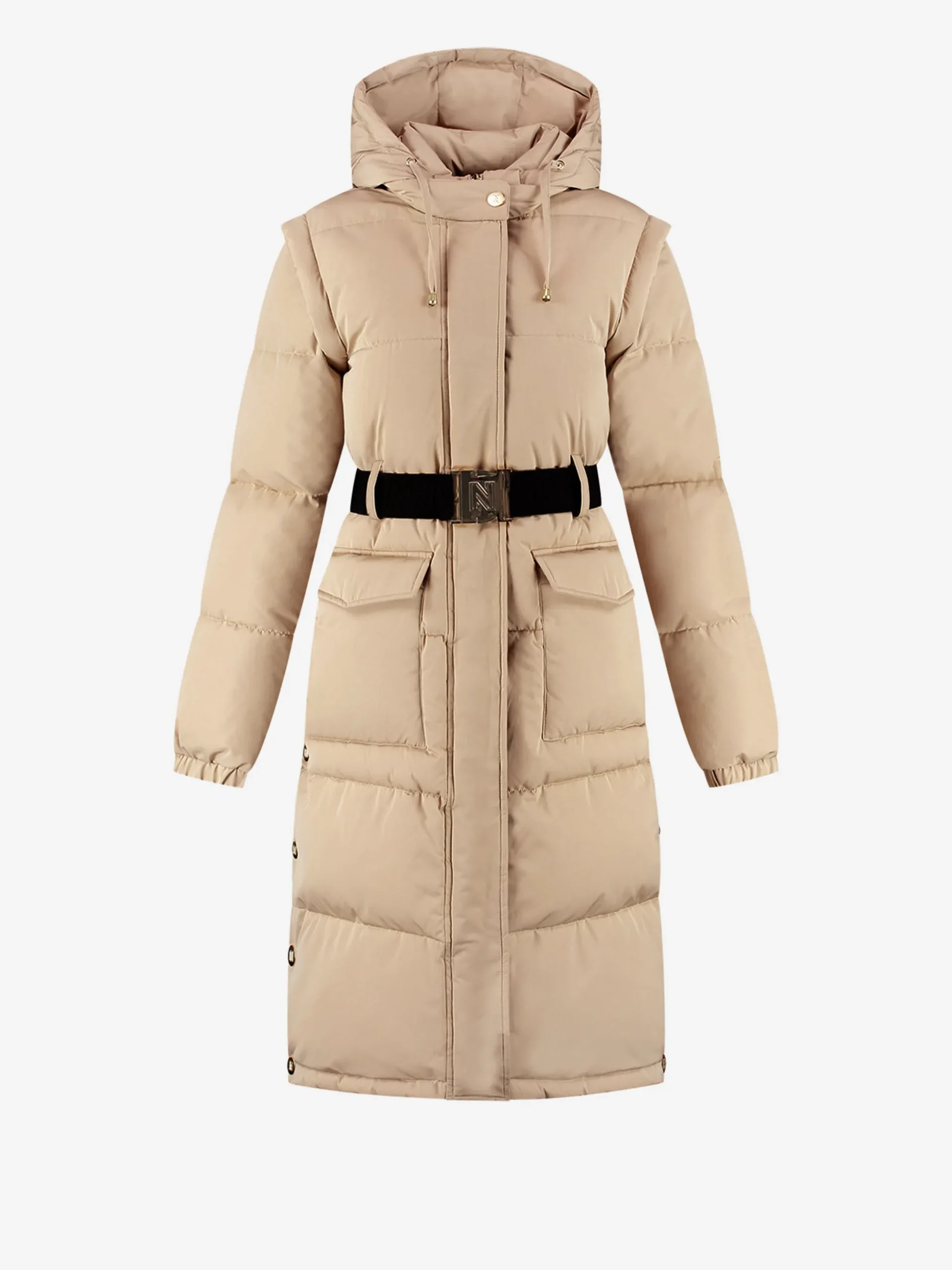 Lange puffer jas met riem en afneembare mouwen