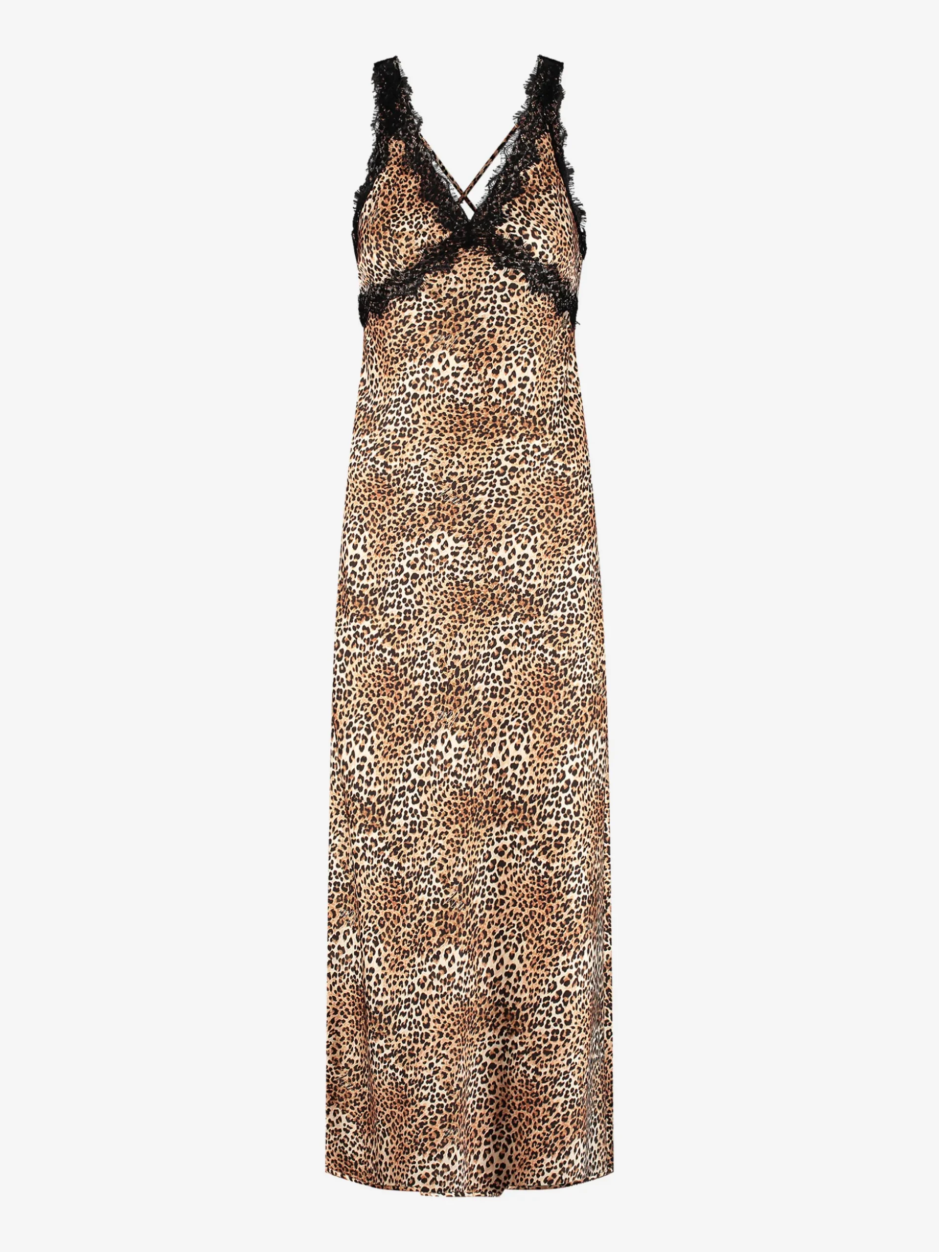 Lange satijnlook jurk met luipaardprint en kanten details