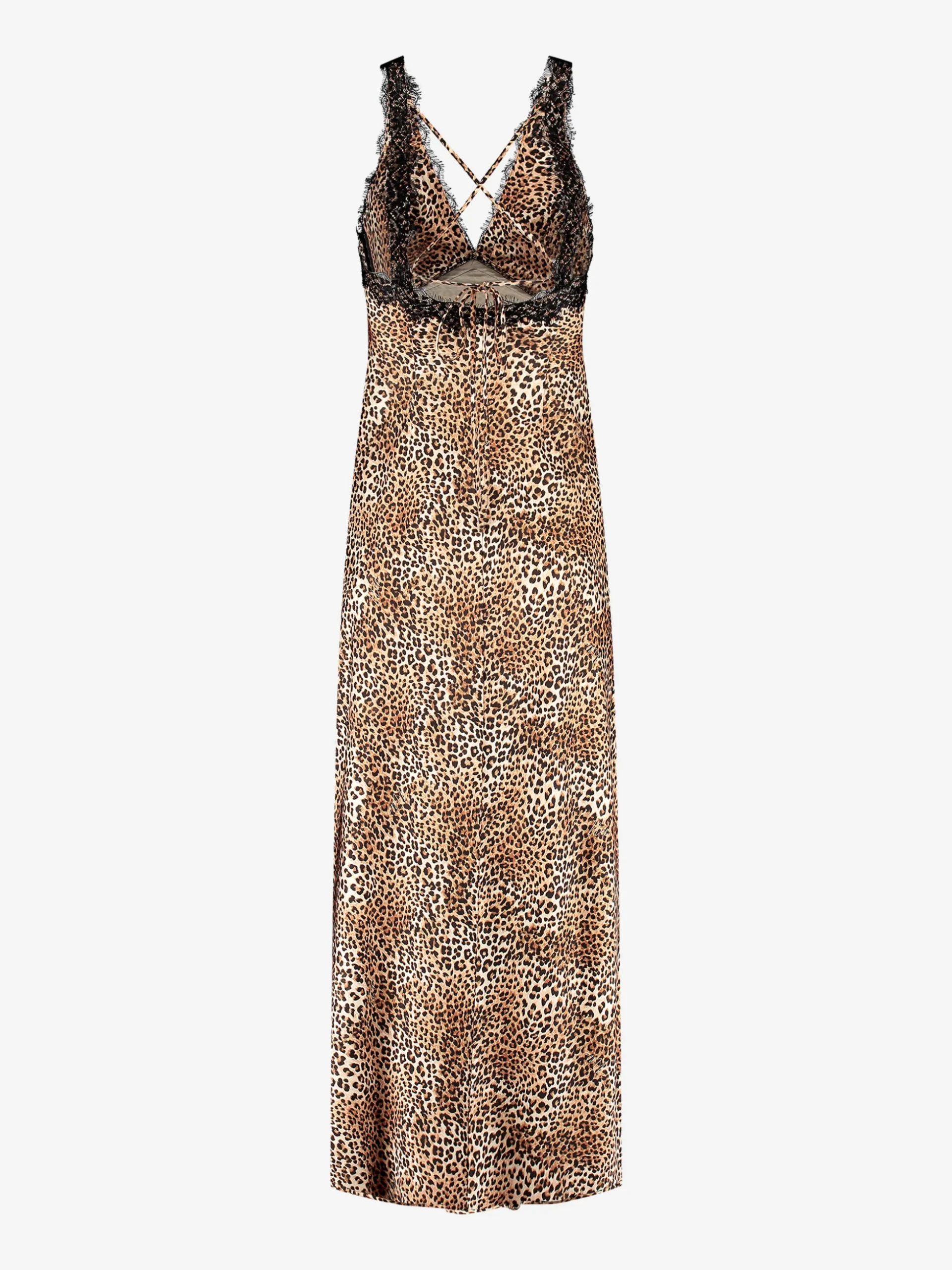 Lange satijnlook jurk met luipaardprint en kanten details