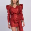 Metallic jurk met pofmouwen en strik detail