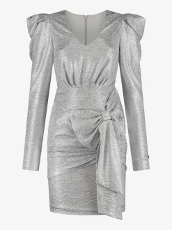 Metallic jurk met pofmouwen en strik detail