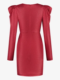 Metallic jurk met pofmouwen en strik detail