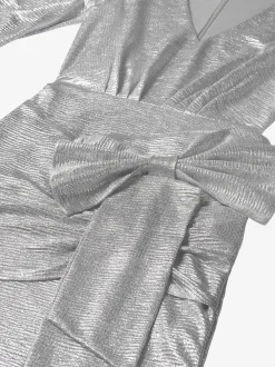 Metallic jurk met pofmouwen en strik detail