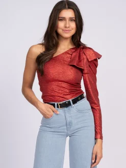 One shoulder top met strik op schouder