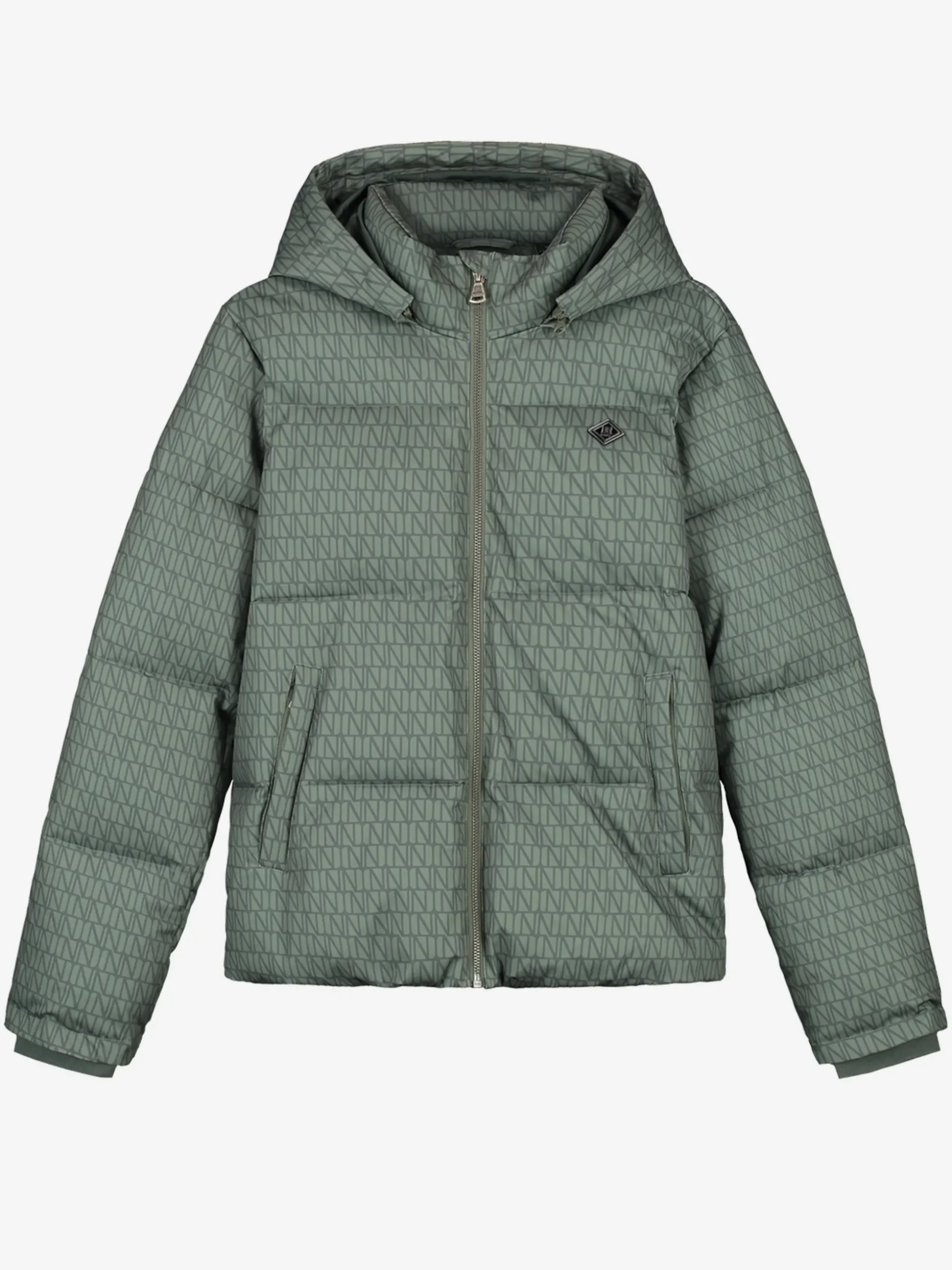 Puffer jack met logo patroon en capuchon