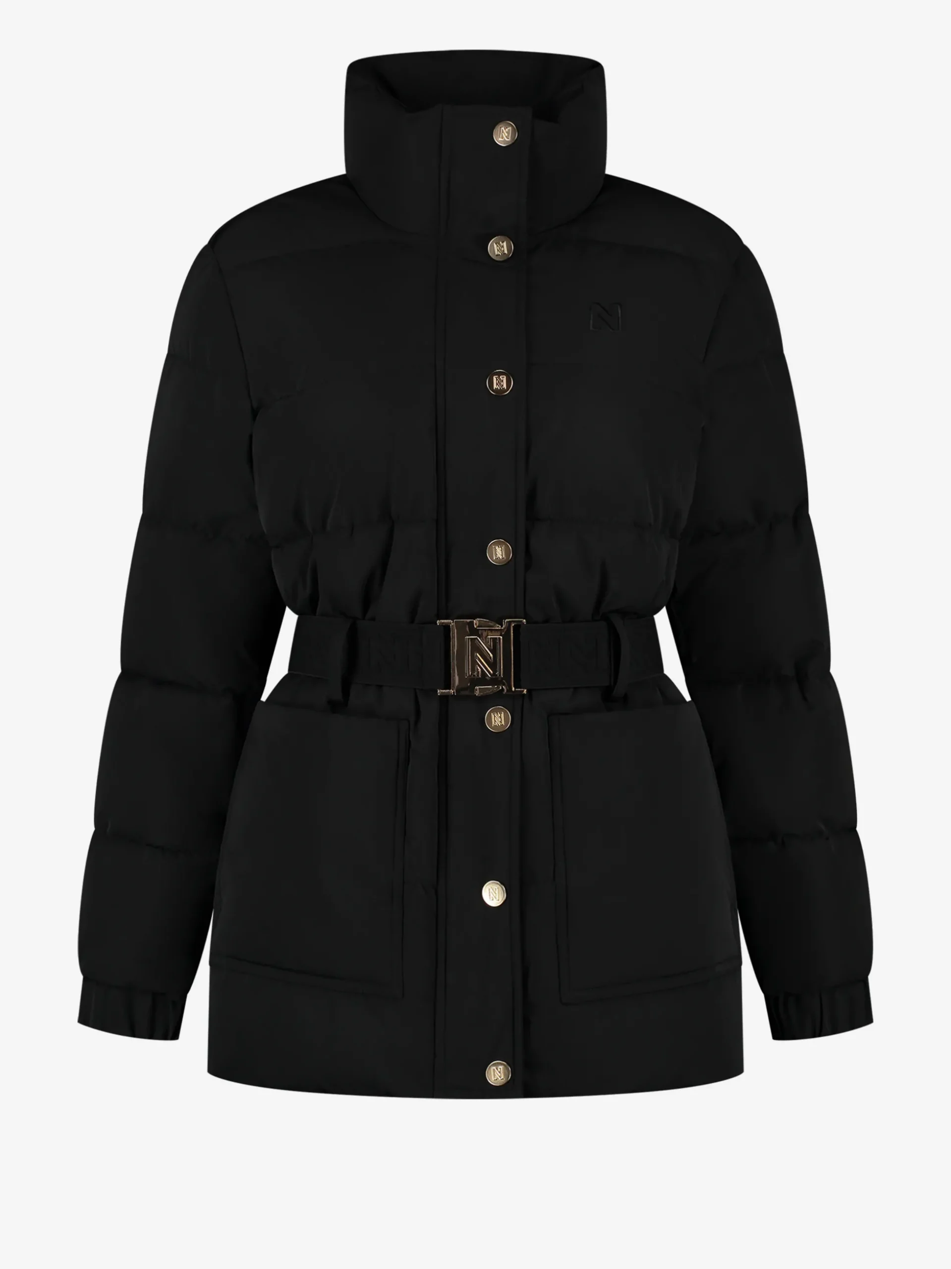 Puffer jas met hoge hals en riem
