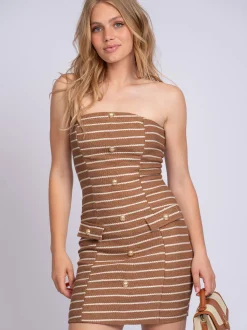 Strapless jurk met gestreept patroon en N-knopen