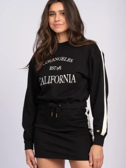 Sweater jurk met tekst en strepen detail