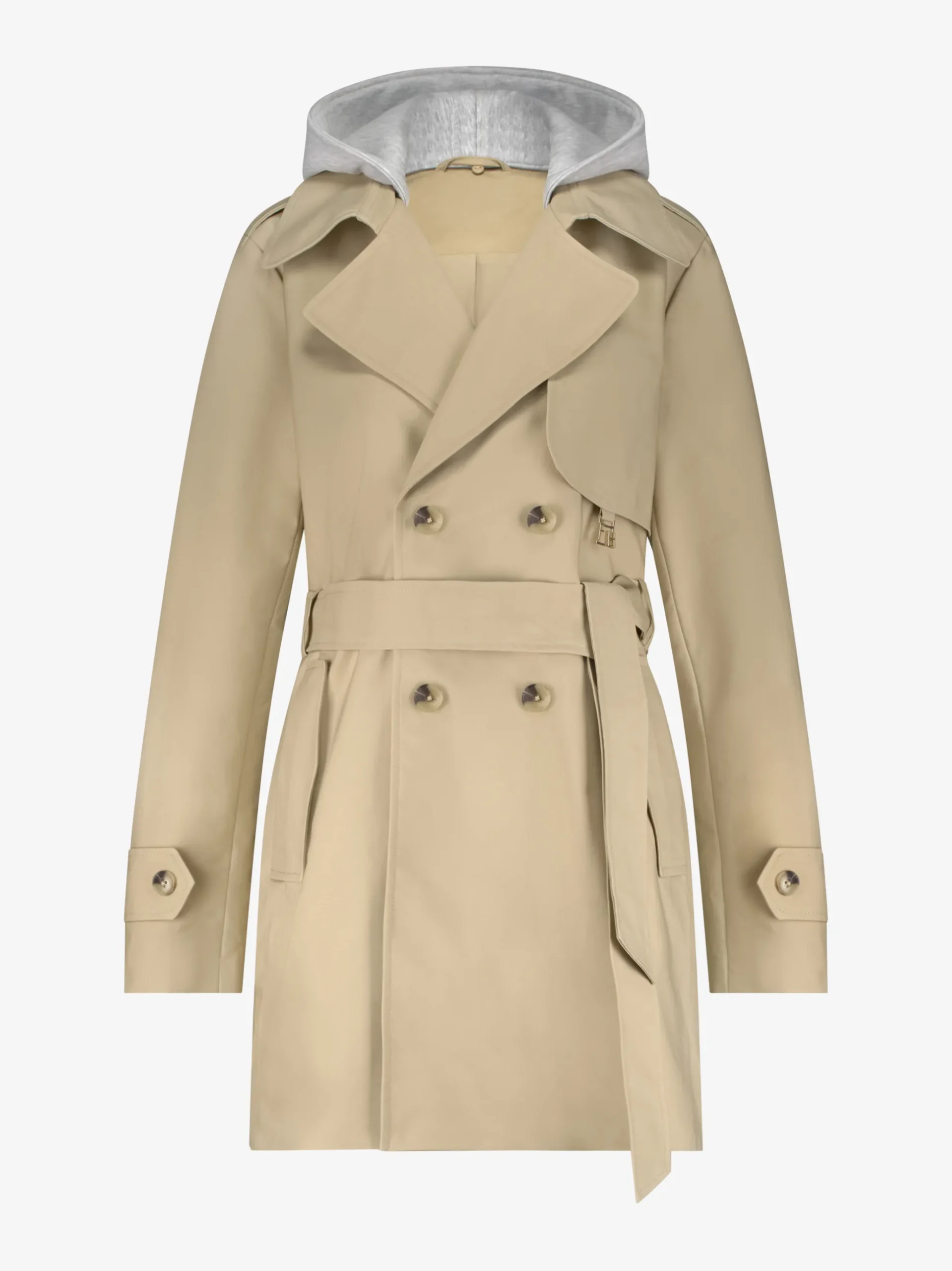 Trenchcoat met capuchon van sweaterstof en ceintuur